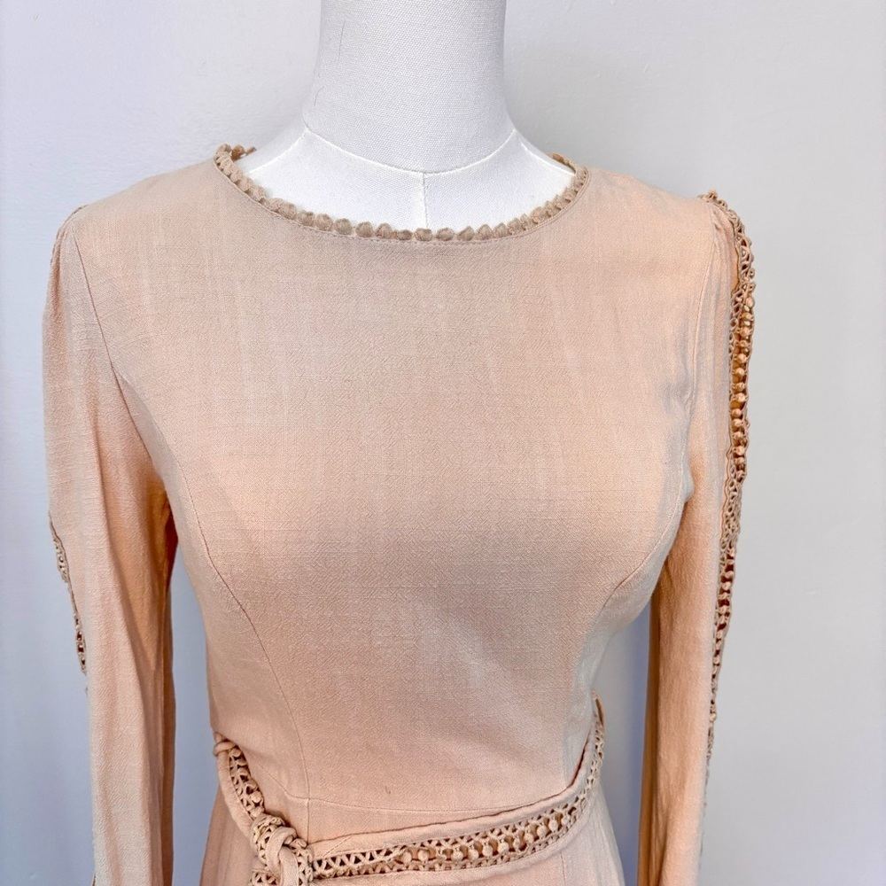 Saints and Secrets Flare Linen Embroidered Flare Cuff Waist Tie Dress Beige Sz S - Picture 5 of 15